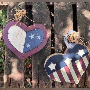 Vintage 90’s Patriotic Hearts Americana Wall Decor deep red cream and blue